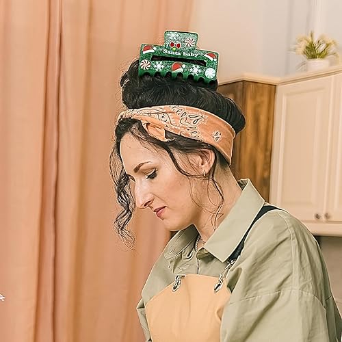 Miniatura 2 de Pinzas de pelo de Navidad para cabello grueso, lindas pinzas para el cabello con purpurina verde, diseño de sombrero de Navidad, horquilla de copo