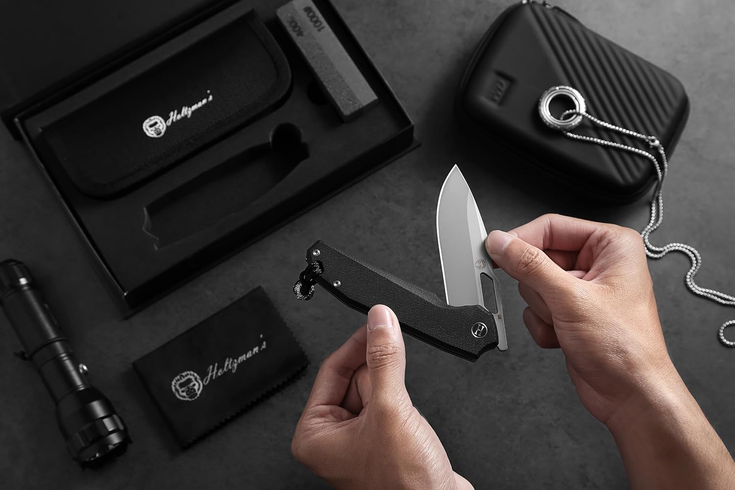 Holtzman's Gorilla Survival Folding Pocket Knife for Men with D2 Steel Blade and G10 Handle - Perfect for Everyday Carry - EDC Gift Set (Sandblasted + Black)