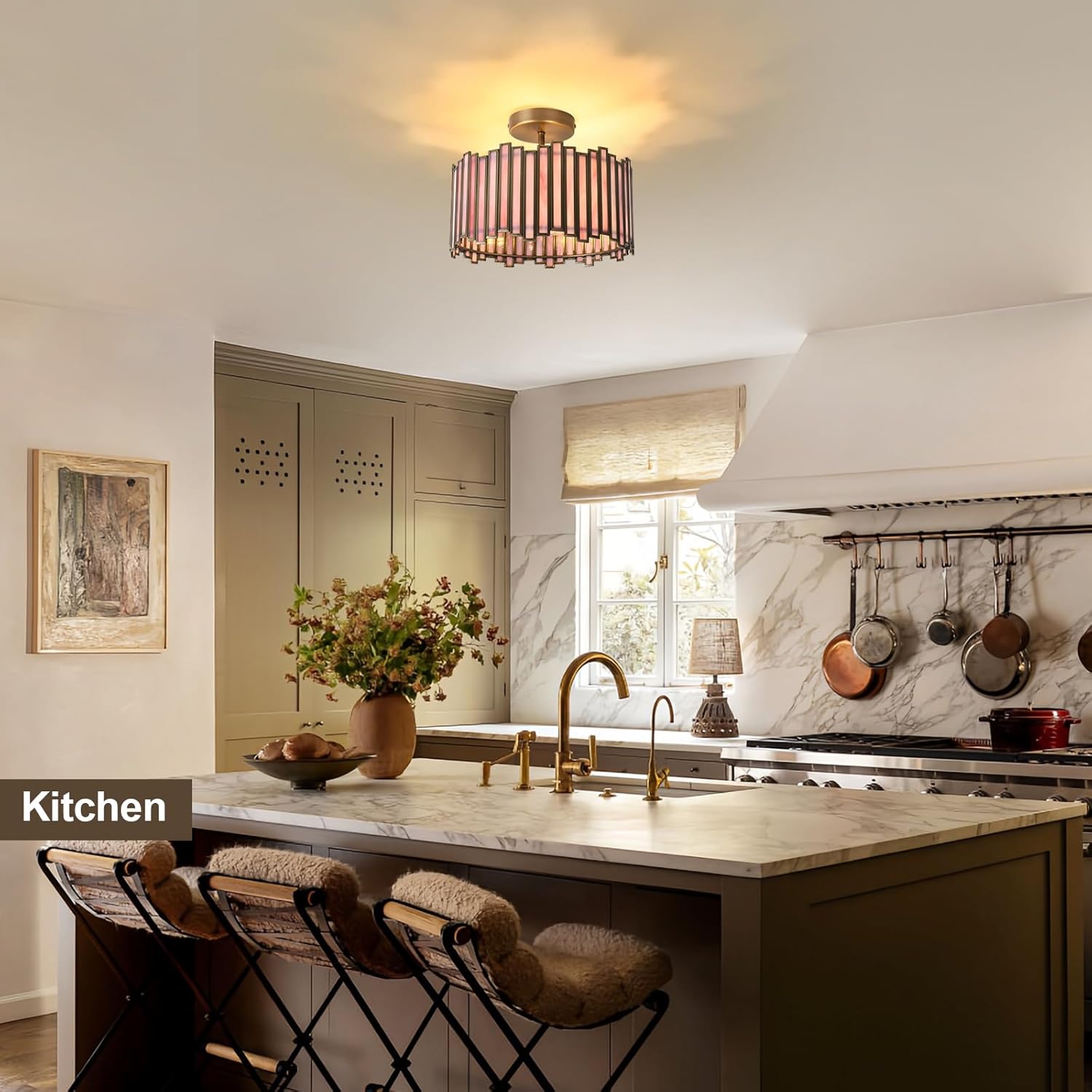 Brass Semi Flush Mount Ceiling Light, Antique 12.6in Drum Shape with Stained Glass 3-Light Vintage Ceiling Light Fixtures for Foyer Hallway Bedroom Kitchen (Pink & Bronze)