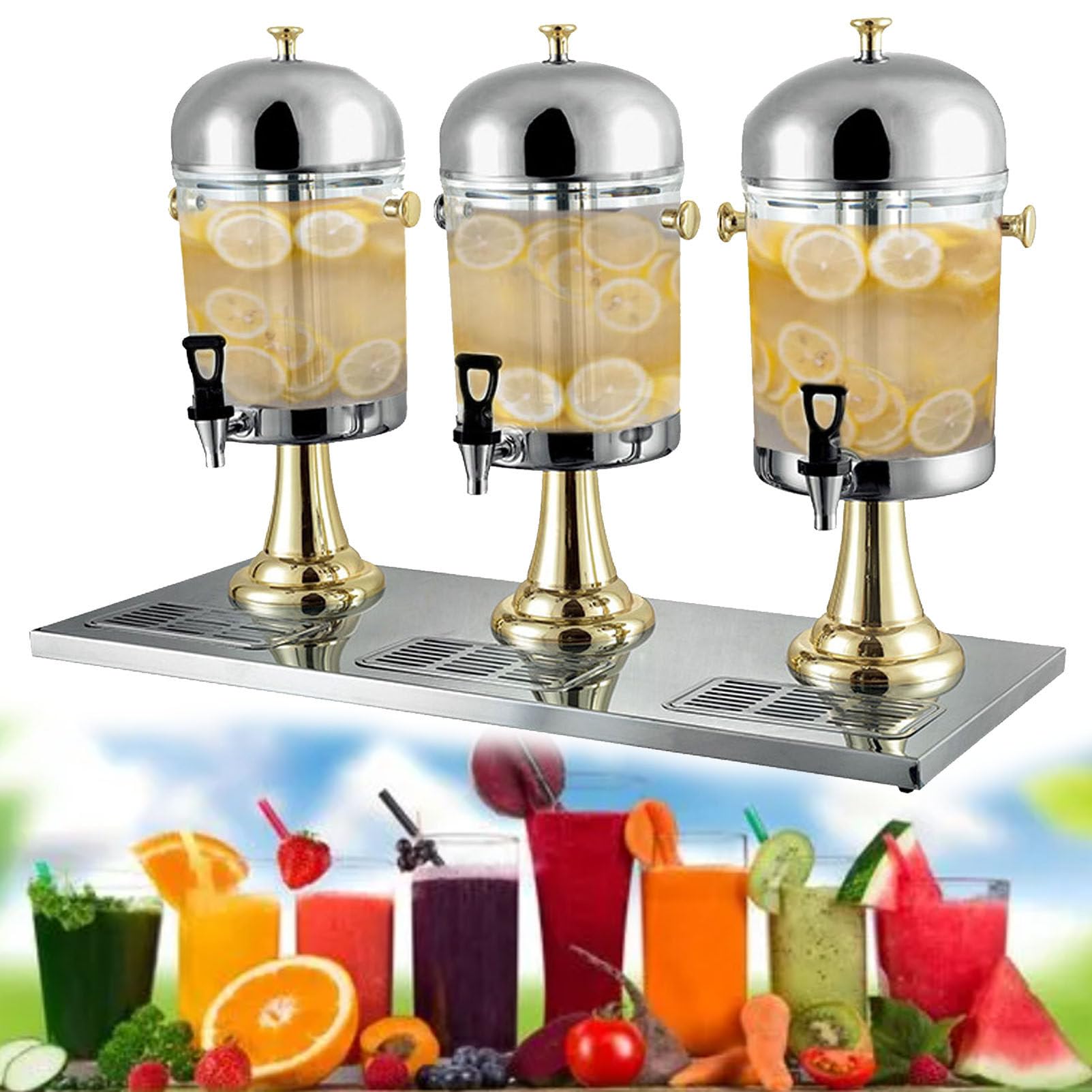MYUYEE Glass Drink Dispenser, Commercial Stainless Steel 24L Beverage Dispenser Tap Ice Chamber 3-Head (Gold)