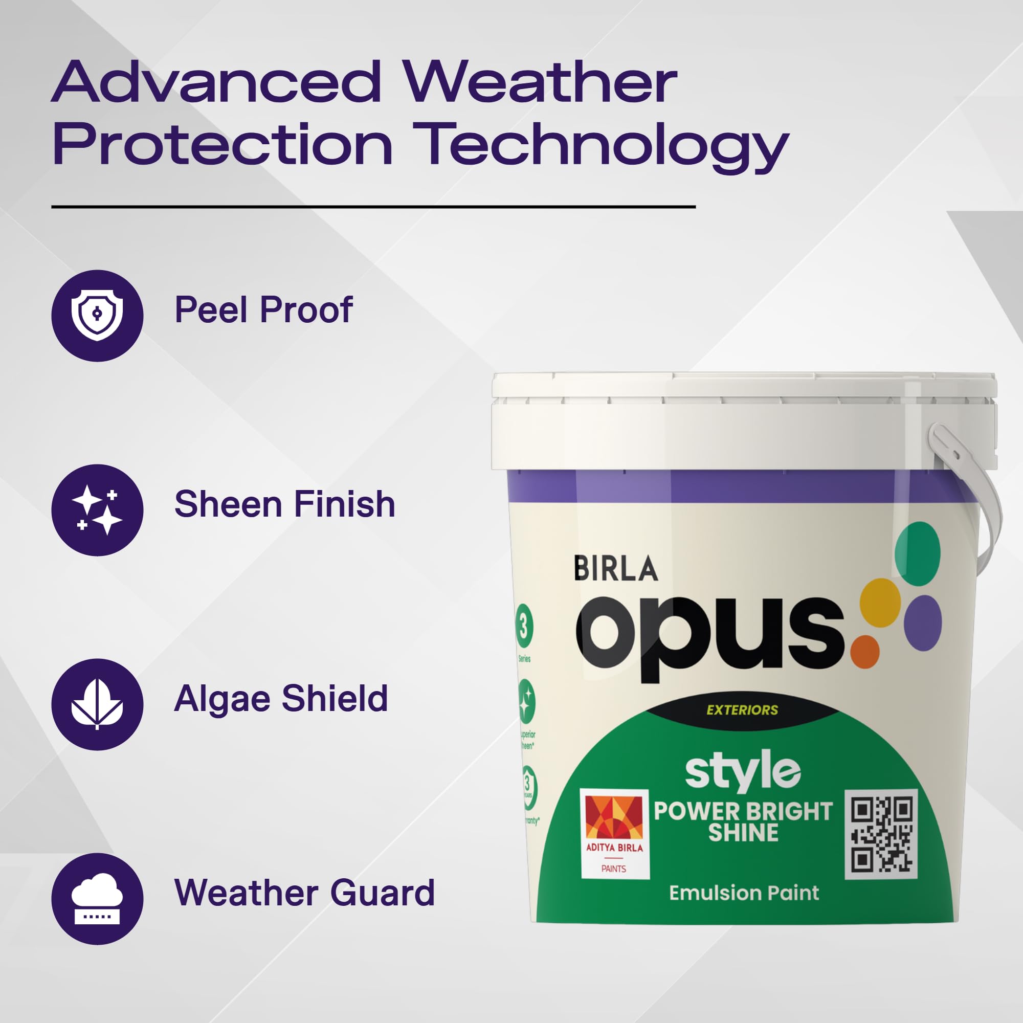 Birla Opus Style Power Bright Shine Exterior Emulsion Paint (10L, White Colour, Sheen Finish)-Superior Peel Resistance, Superior Algal Protection, Low VOC-For Exterior Walls, Home, Office 1
