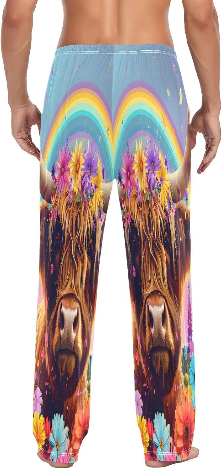 ALAZA Cow Bull Rainbow Daisy Men's Pajama Pants Men Cotton Pajama Bottoms with Pockets, S