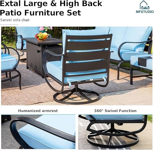 Miniatura 7 de MFSTUDIO Juegos de muebles de patio con mesa de fogata de gas de 45 pulgadas, 8 piezas de conversación de metal para exteriores con 1 sofá de 3