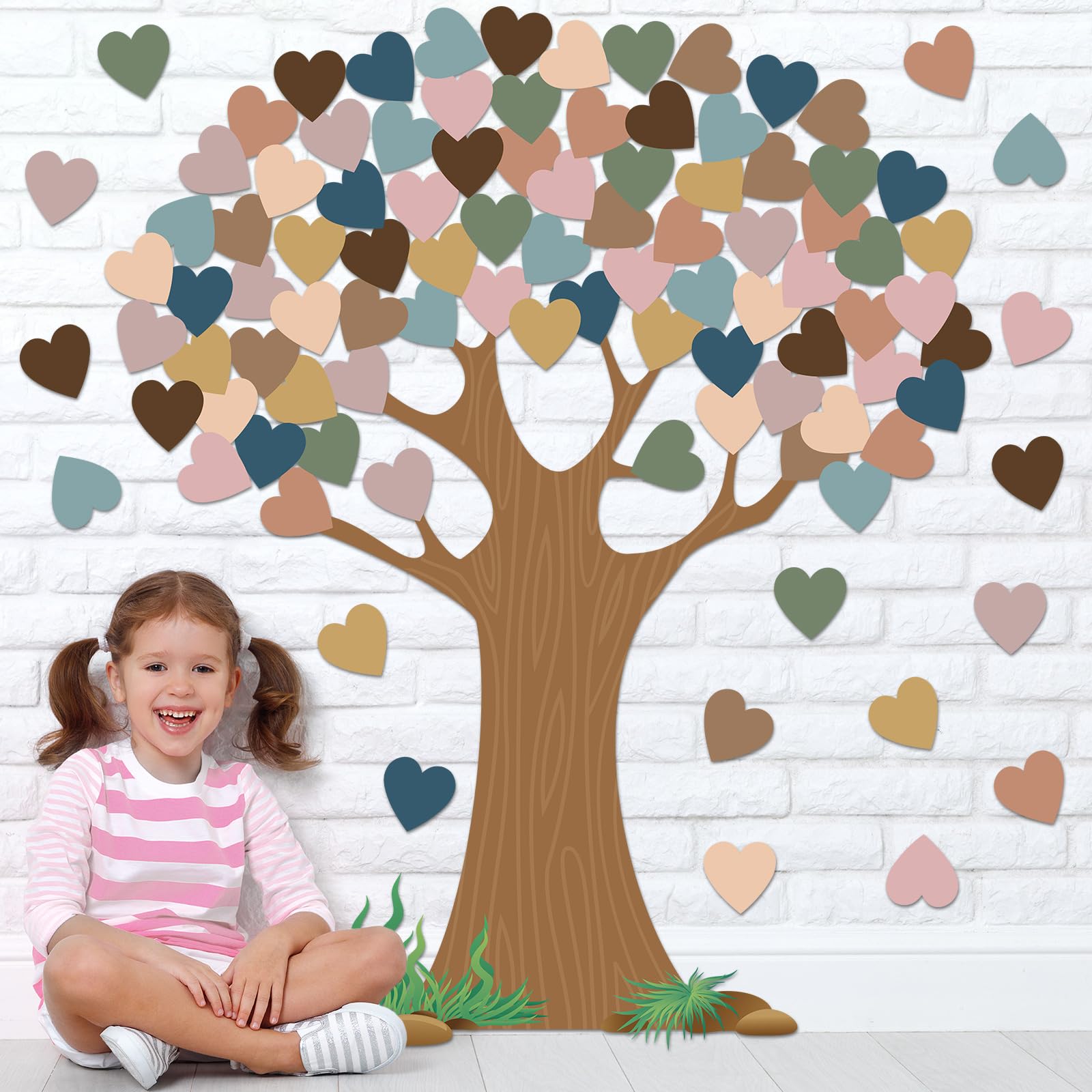 View 1 of 102 Pcs Boho Classroom Tree Bulletin Board Set with Heart Shape Cutouts, Welcome Classroom Bulletin Tree Wall Decors Supplies for School Elementary Teacher Chalkboard