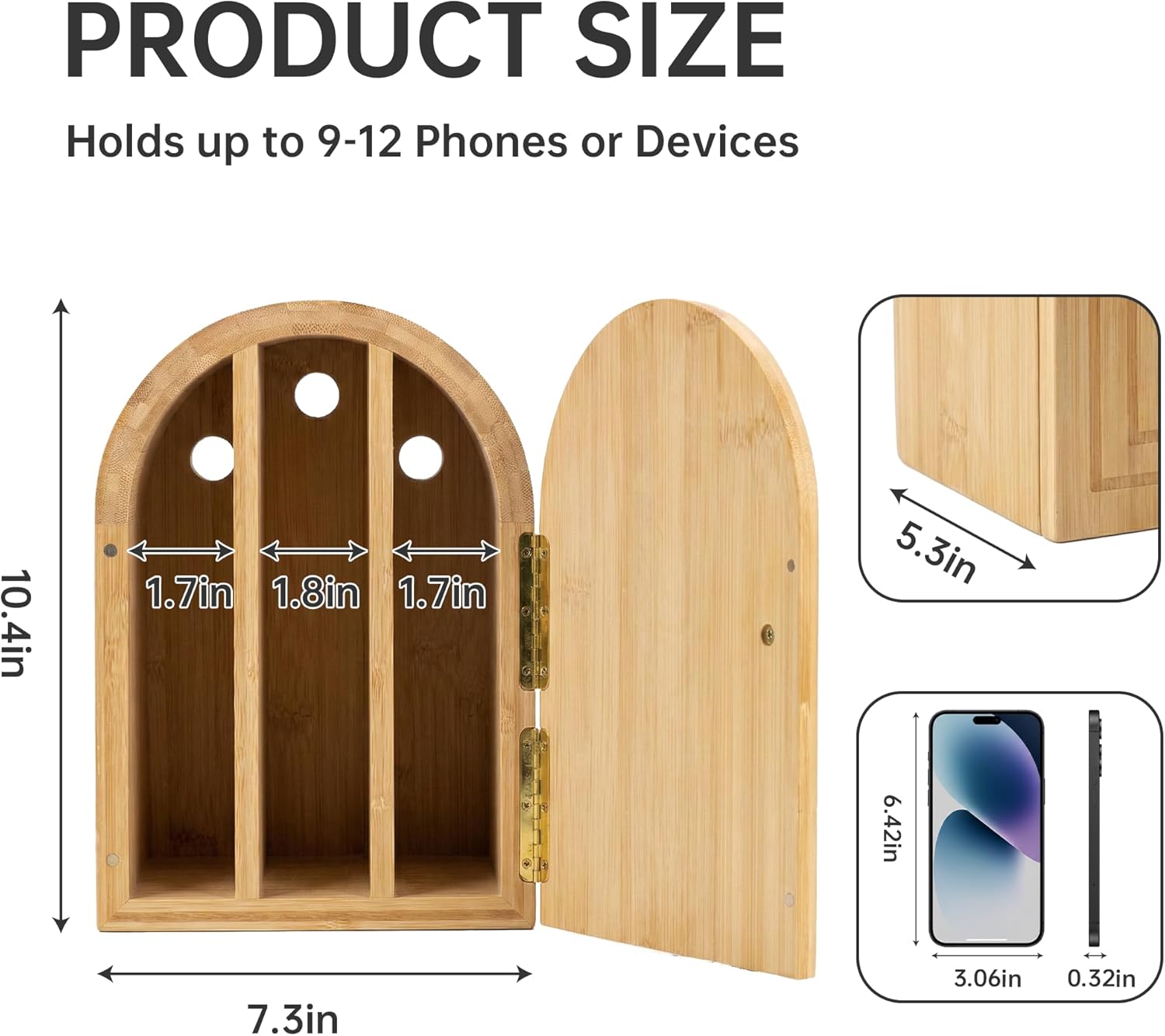 Bamboo Cell Phone Lock Box, Phone Locker for Family Time, Phones Safe Device Lock Box for Families, Bamboo Phones Jail Storage Holder with Charging Holes