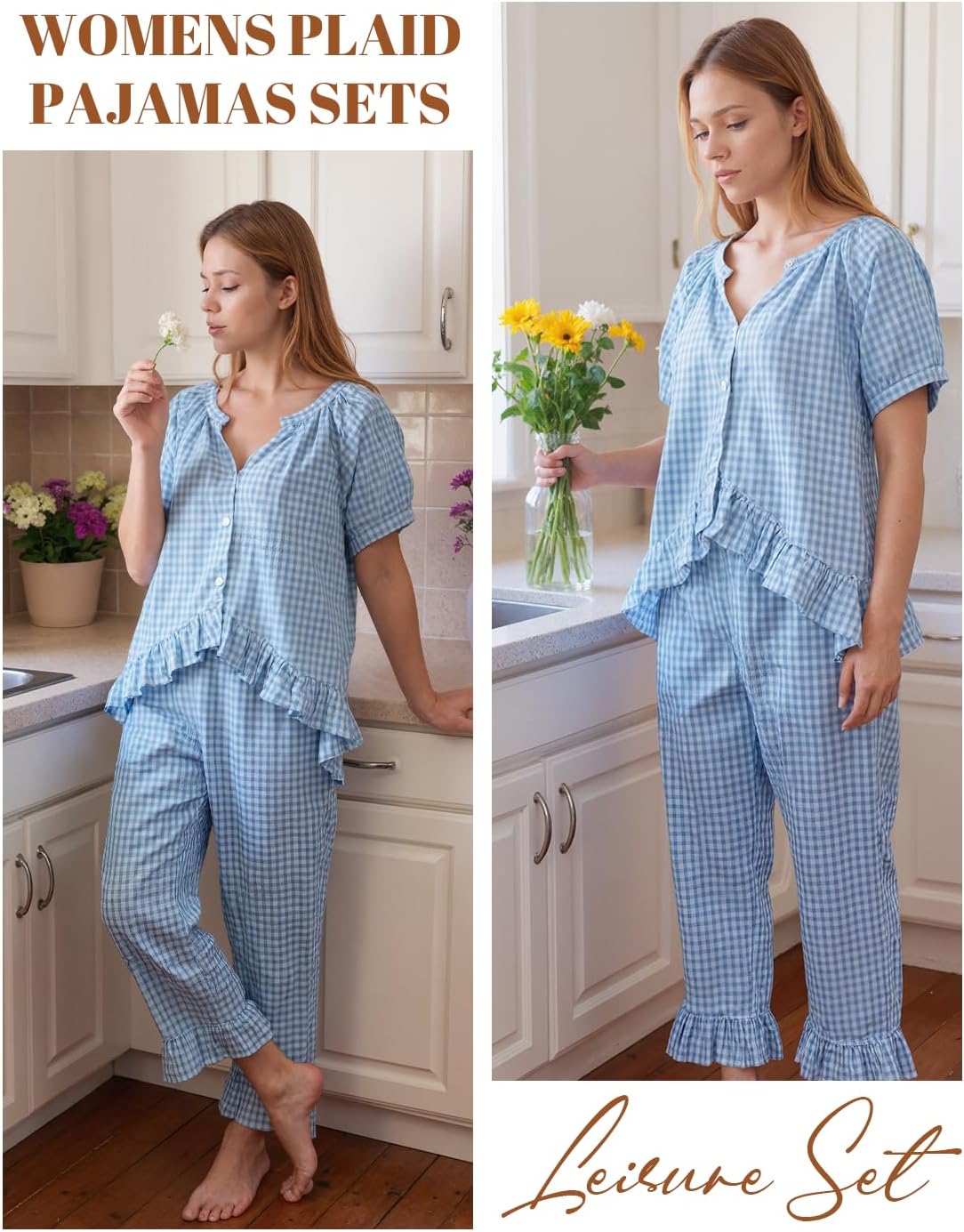 Womens 2 Piece Gingham Pajamas Set Cute Plaid Pjs Cotton Short Sleeve Babydoll Shirt Ruffle Pants Lounge Sets - Image 4