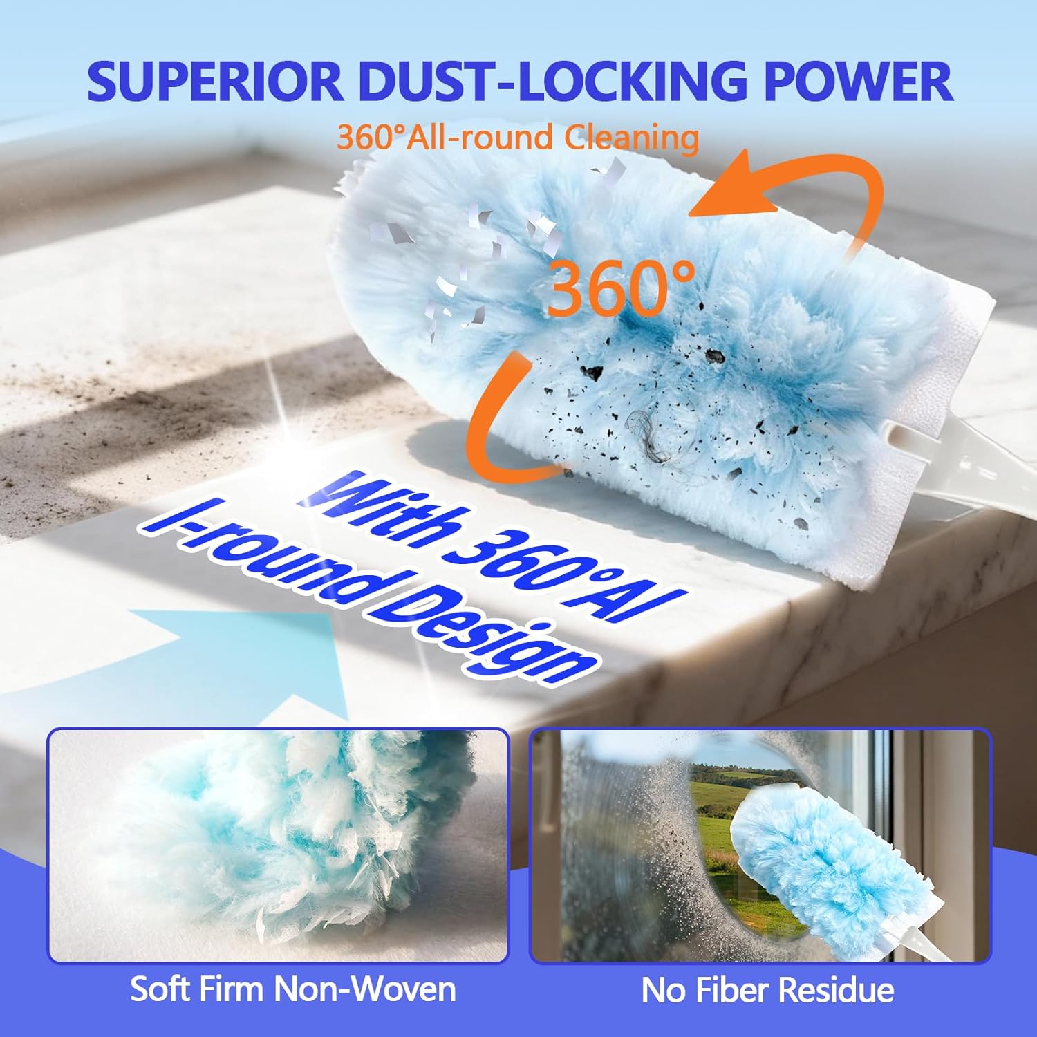 Heavy Duty Duster Refills for Swiffer Duster (60 Count) | 360° Unscented Disposable Multisurface Dusters with 1 Handle- for Home, Blinds, Fans & Corners, Blue