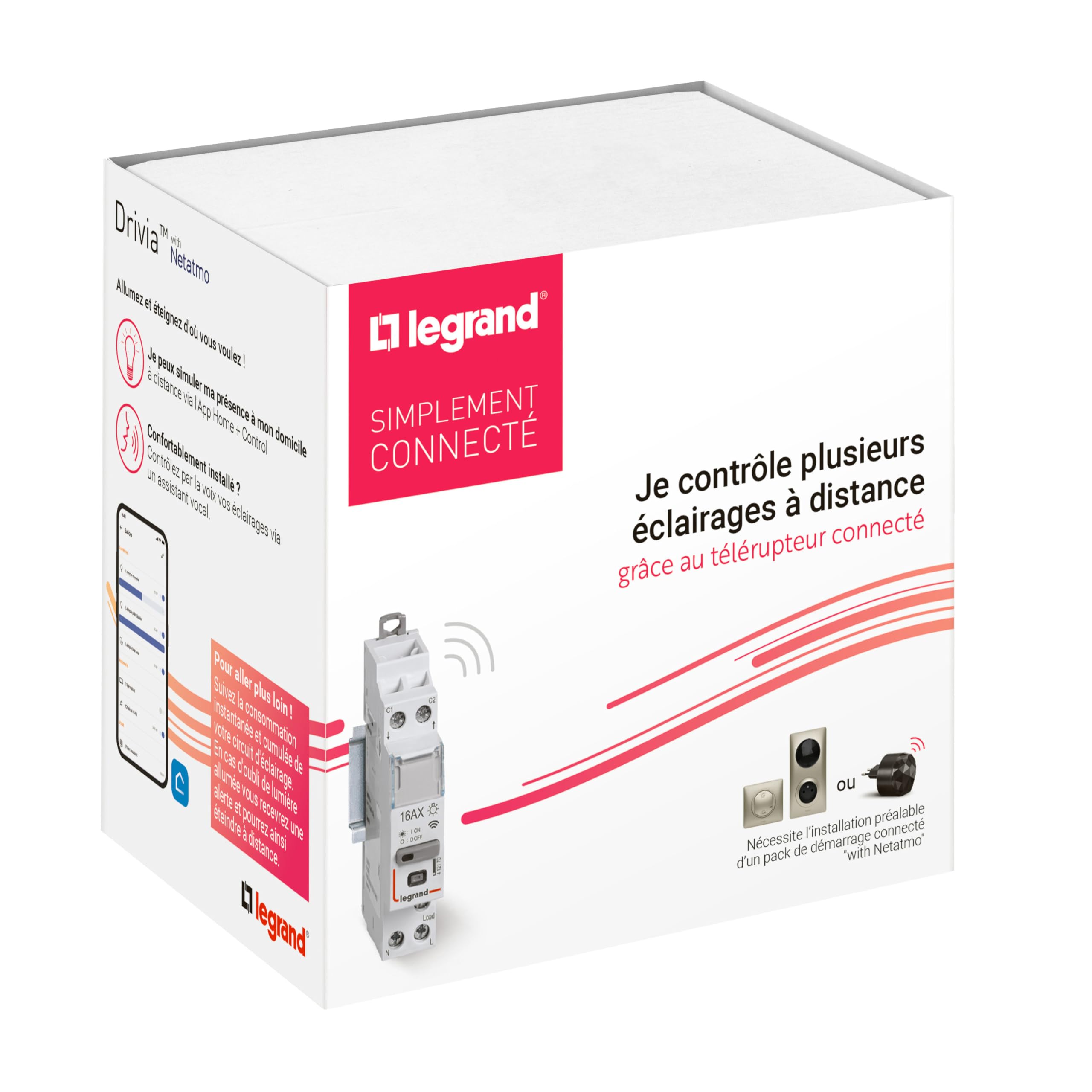 LEGRAND - 199121 - Télérupteur modulaire connecté Drivia with Netatmo 16AX 230V~ - Compatible avec l'App Home + Control et le délesteur connecté - Emballage BTC - Gris
