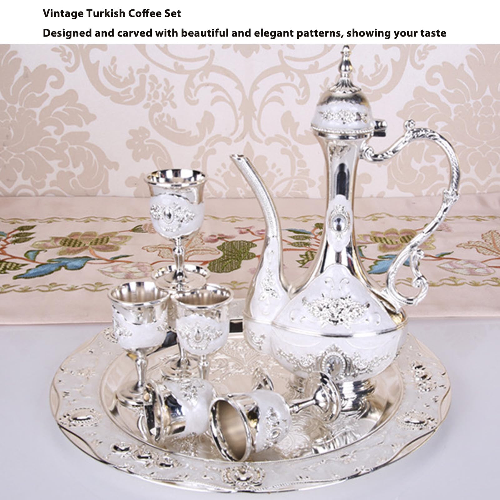 Juego De Tetera Vintage, Juego De Cafetera Vintage Juego De Té Vintage Con 6 Tazas De Café Y Bandeja De Té Juego De Té De Aleación De Zinc Rosa Roja Chapado En Oro Para Fiesta En Casa(Plata)