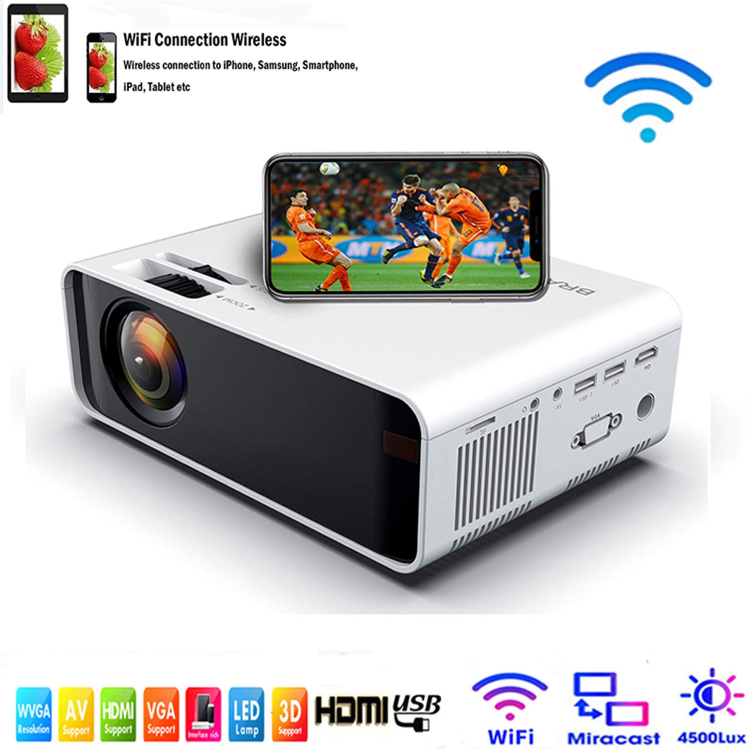 Mini LED Proiettore portatile 4500 Lumen- WiFi Proiettore portatile Full HD 1080P Video Multimedia per Smartphone iPhone/Samsung/Sony/Hauwei/Compatibile con HDMI/USB/Carta SD/VGA/AV/TV Box/PS4