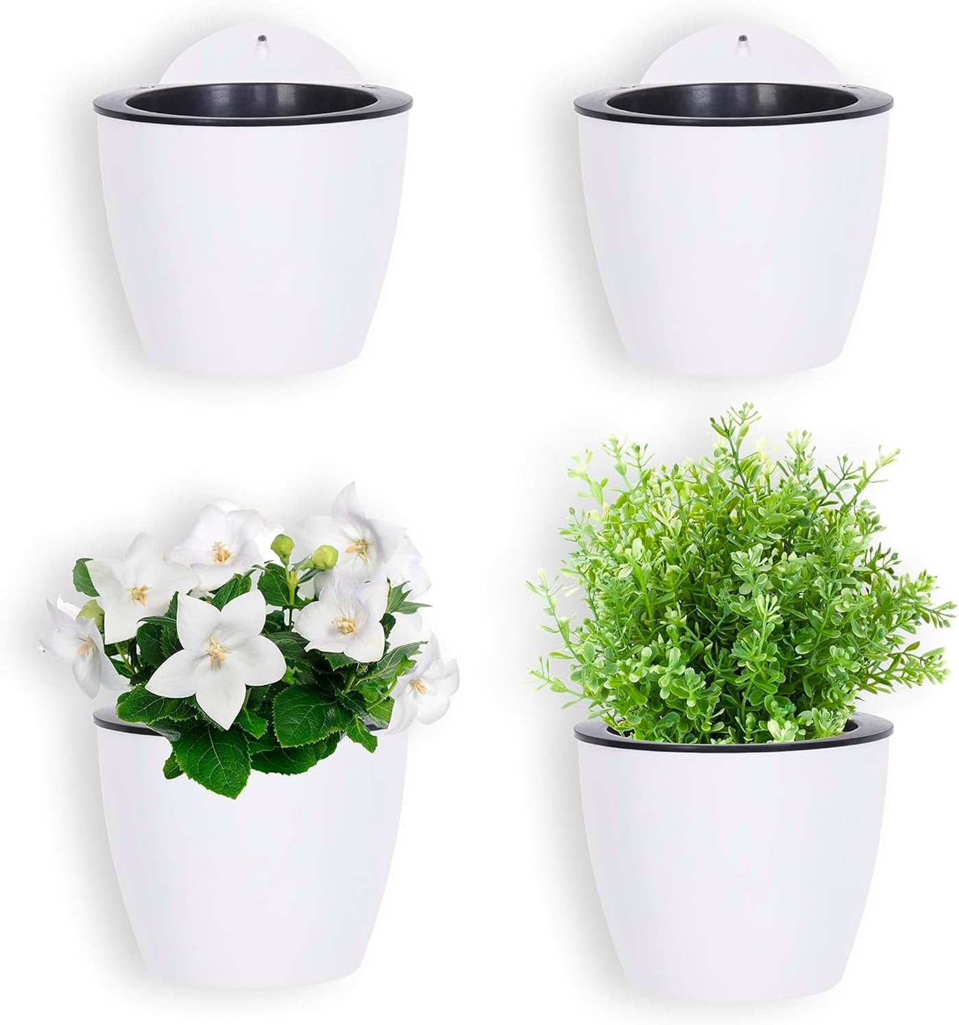 MyGift 7.5 Inch Wall Planters for Indoor Plants, White Plastic Hanging Self Watering Plant Pots, Flower Cactus Herbs Plant Container Wall Planter Set of 4