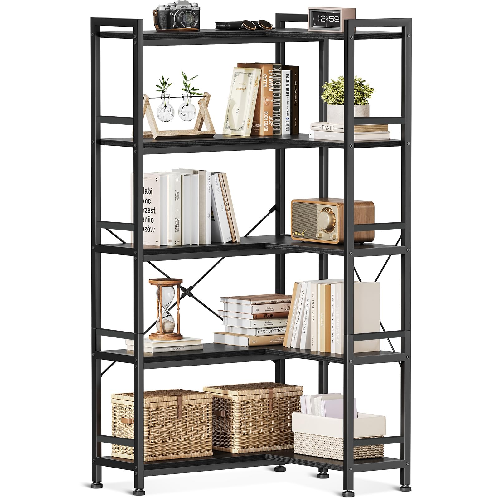 Coleshome 5-Tier Corner Bookshelf, 5-Shelf L Shaped Corner Bookcase, Tall Bookshelves Storage Display Cabinets for Living Room Home Office, Bedroom, Black, 72.8 x 65.3 x 145.5
