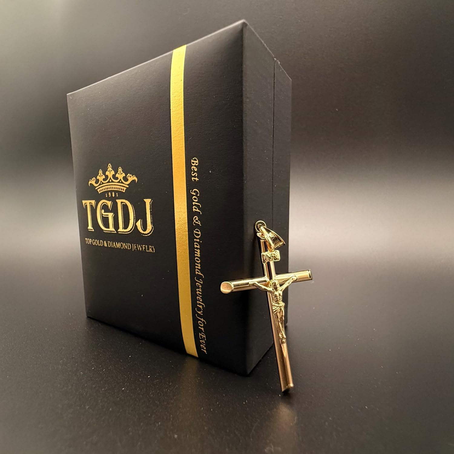 14K Yellow Gold Crucifix Pendant - Jesus Engraved in Tubular Catholic Cross Charm - Religious Based Fine Jewelry, 35 mm X 23 mm, 1.3 grams