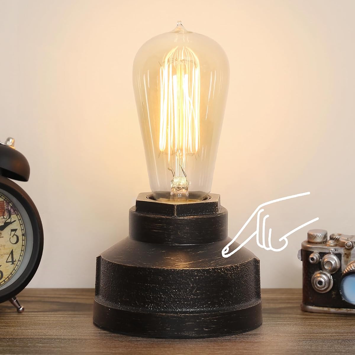 Small Touch Control Table Lamp Base, Industrial Touch Light Vintage Edison Bulb Base, Dimmable Bedside Nightstand Accent Light for Living Room Bedroom, Antique Steampunk Style