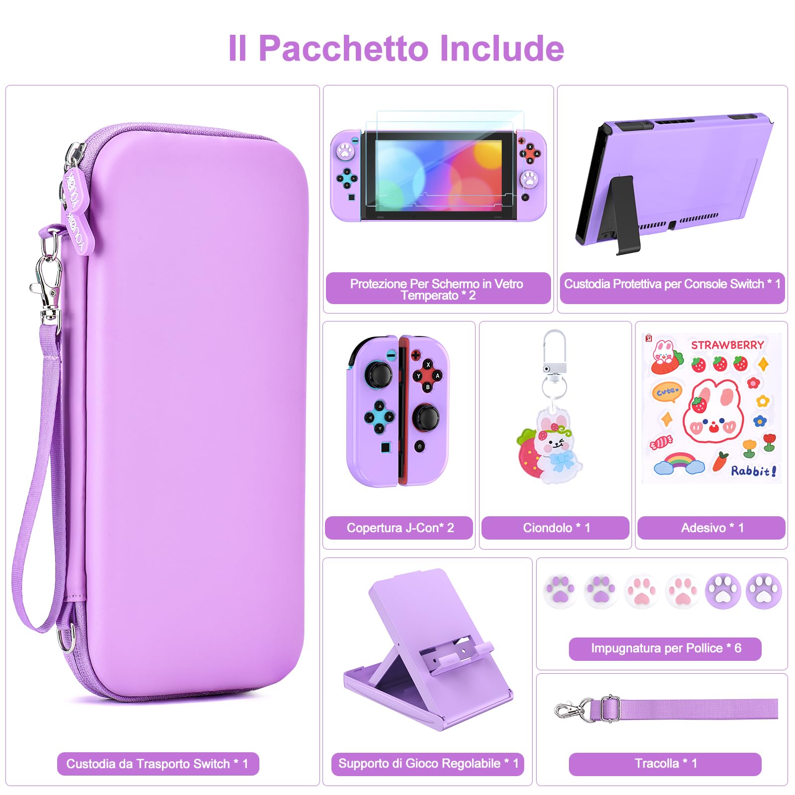 Younik Pacchetto Accessori Switch, kit Accessori 17 in 1 per Ragazze Include Custodia per Switch, Supporto Regolabile, Custodia Protettiva per Console Switch e J-Con (Viola)