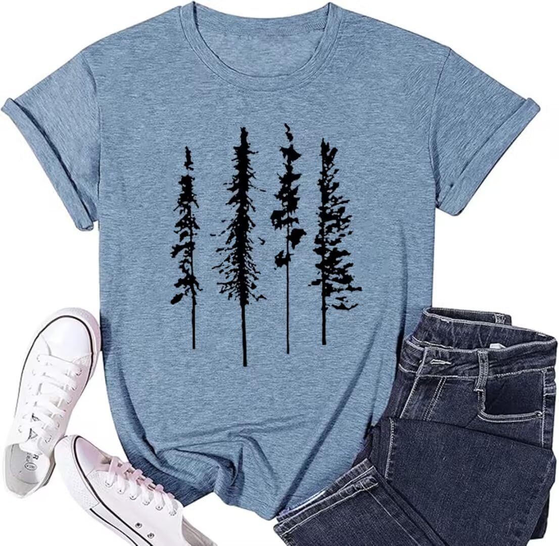 Hike Mountain Camping T Shirt for Women Adventure Awaits Nature Travel Short Sleeve Pine Tree Kindness Heart Printed Top