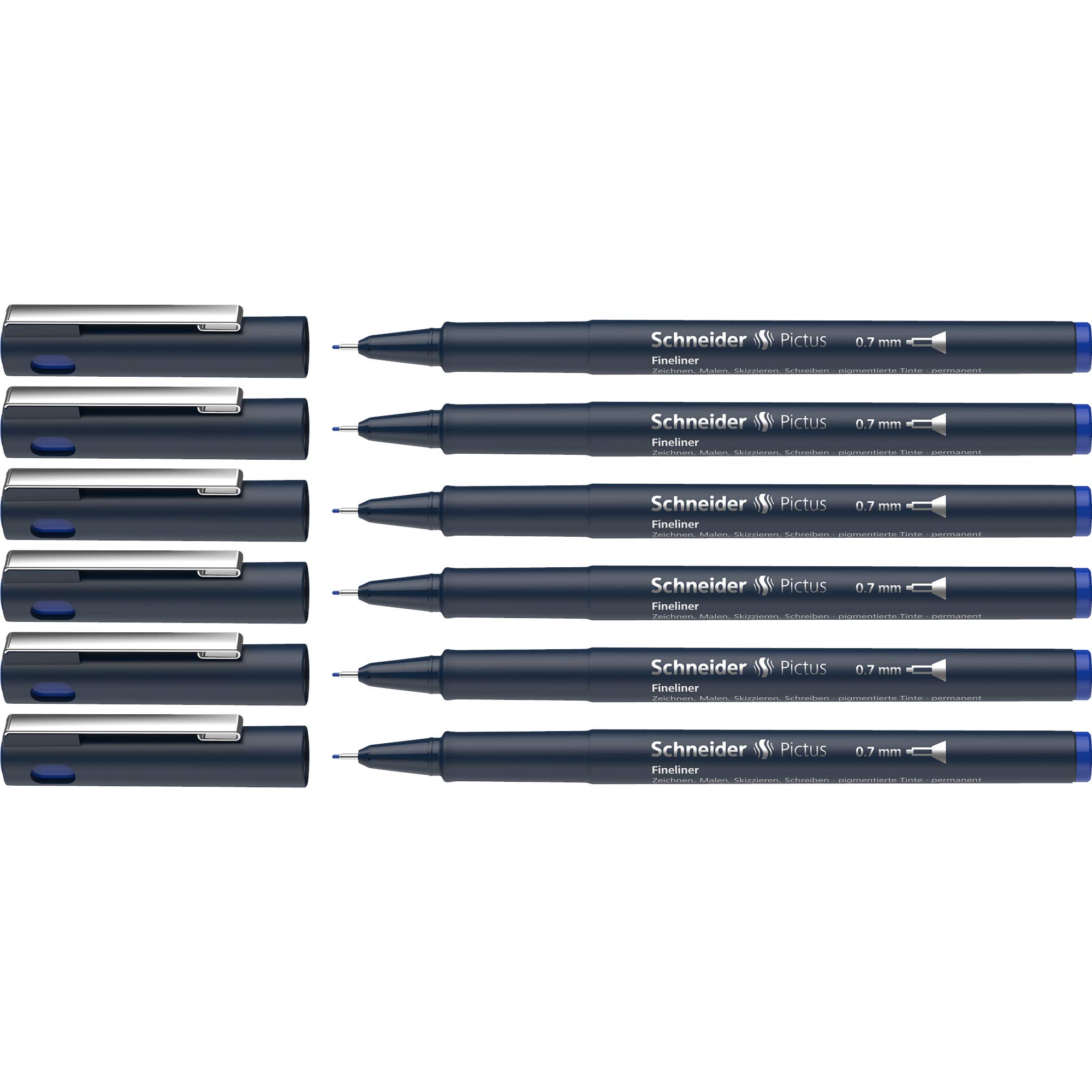 Schneider Pictus Fineliner Stationery (Line Width 0.7 mm, Indelible, Metal-Encased Tip, 85% Recycled Plastic Casing) Pack of 6, Blue