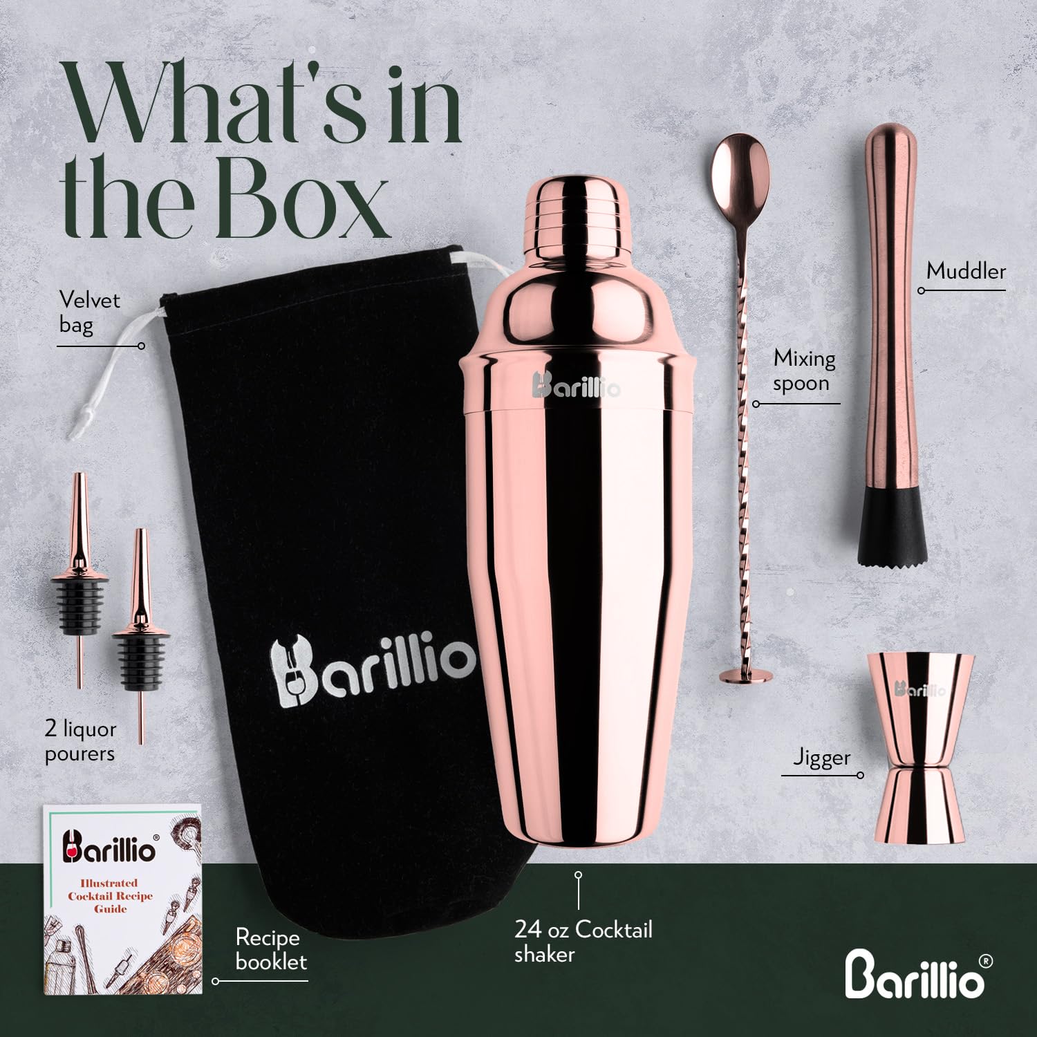 BARILLIO - Juego de coctelera de Cobre Rosa, Kit de coctelera de Barman de Acero Inoxidable de 24 onzas, Mezclador, Cuchara mezcladora, medidor, 2 vertedores de Licor, folleto de Recetas de Bolsa de