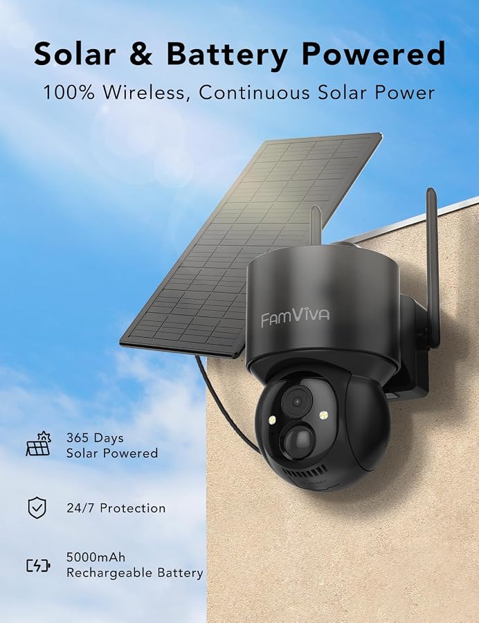 FAMVIVA 2K Solar Security Cameras Wireless Outdoor, 360°PTZ Battery Powered Cameras for Home Security, 2.4G WiFi Outdoor Camera with Color Night Vision, IP66 Waterproof, Motion Sensor Alarm, Black, image 8
