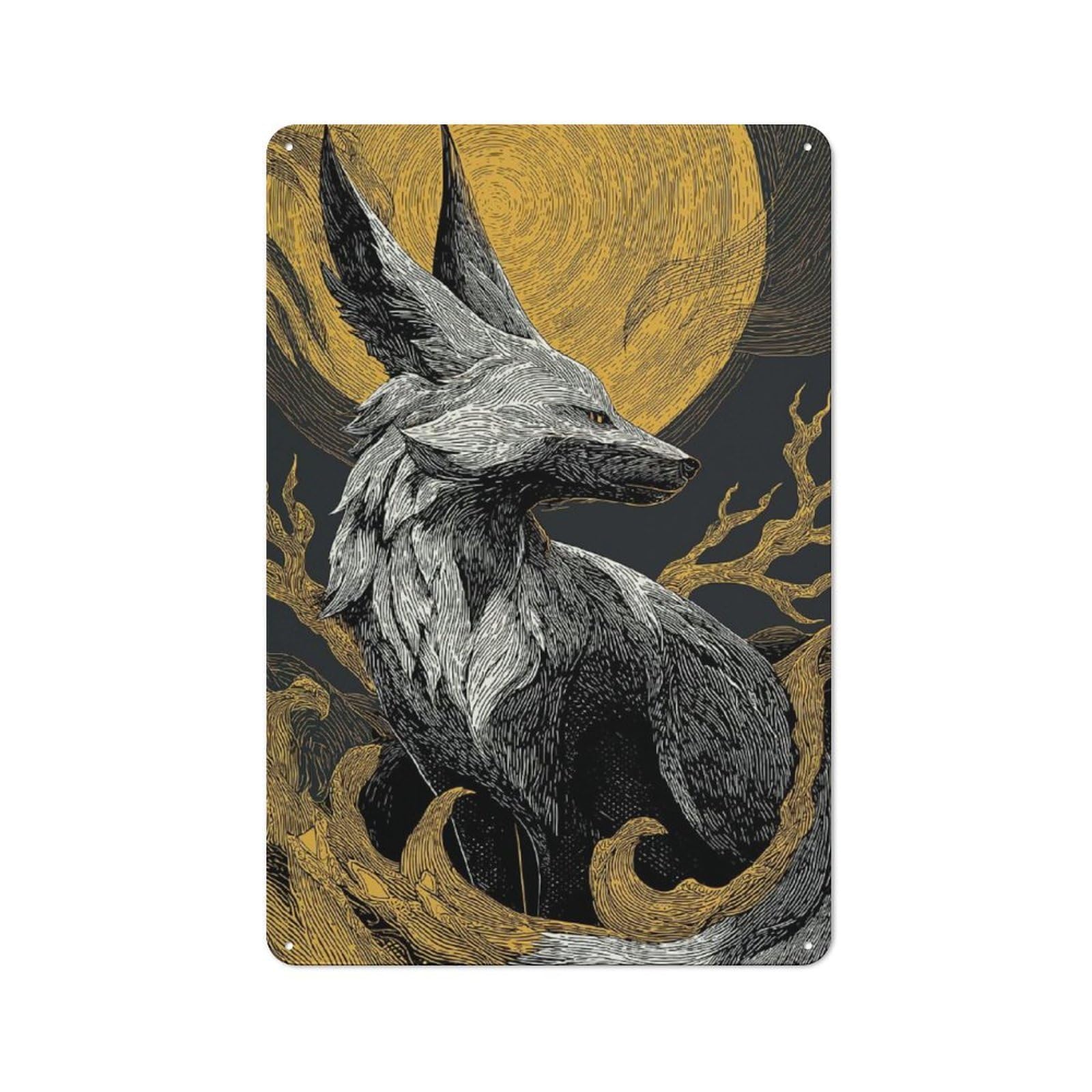 Junmoney Fox And Moon Illustration For Hobby Room Or Studio, Rustic Metal Sign 30X20cm, For Creative Interior Collectors Refreshing A Room In Autumn