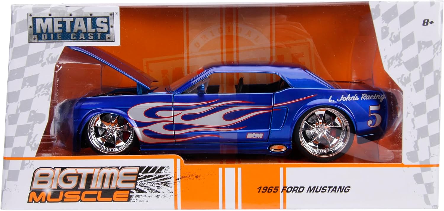 Jada Bigtime Muscle 1:24 1965 Ford Mustang Die-Cast Car, Toys for Kids and Adults(Blue/Silver Flames)