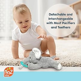 RaZbaby JollyPop Pacifier, Holder w/Detachable Baby Pacifier, Stuffed Animal RaZbuddy, All Ages 0M+, Machine Washable, Textured & Easy to Hold - Elephant