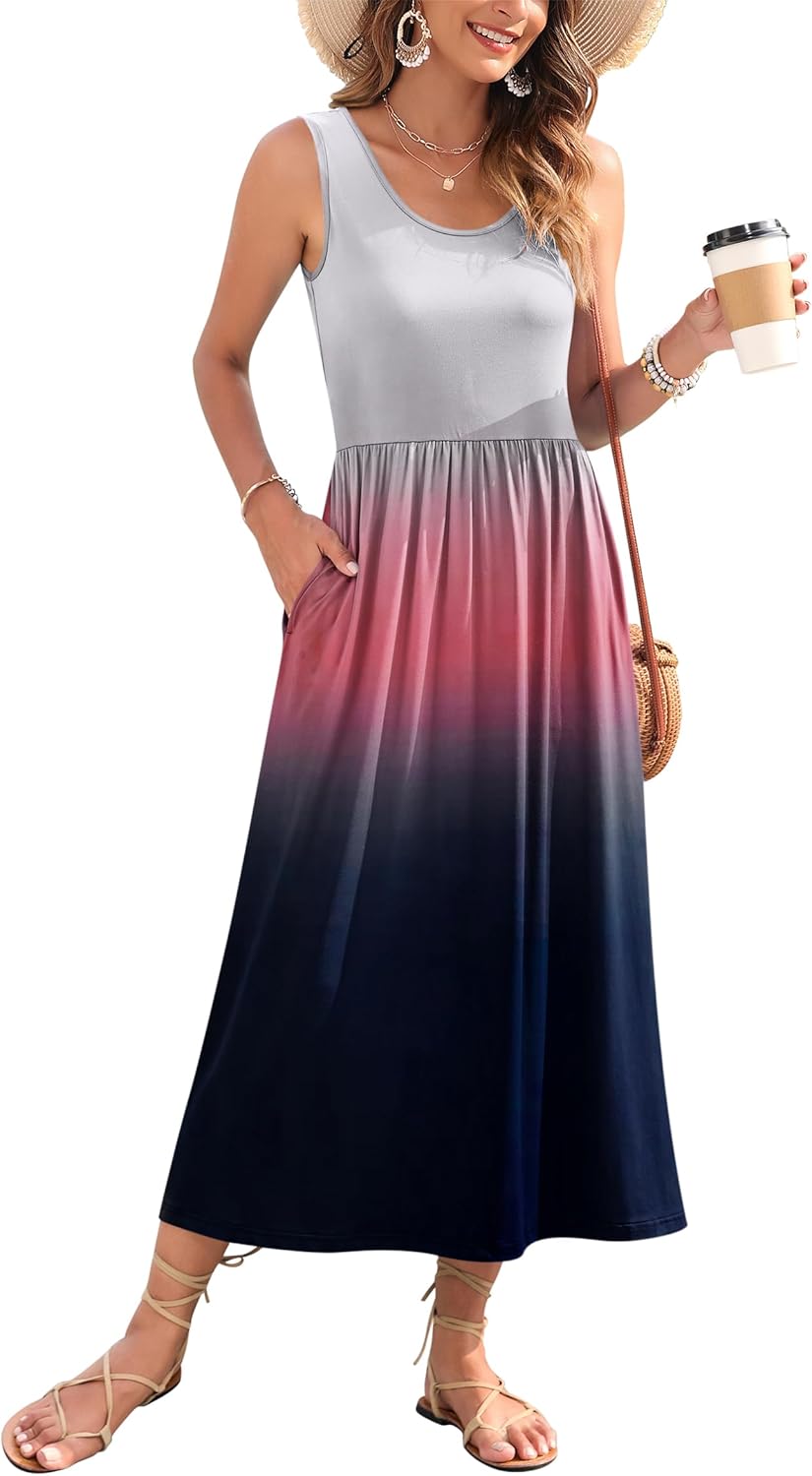 WNEEDU Women's Summer Maxi Dress 2026 Casual Sleeveless Hawaiian Sundress Tropical Long Dress Beach Vacation Outfit