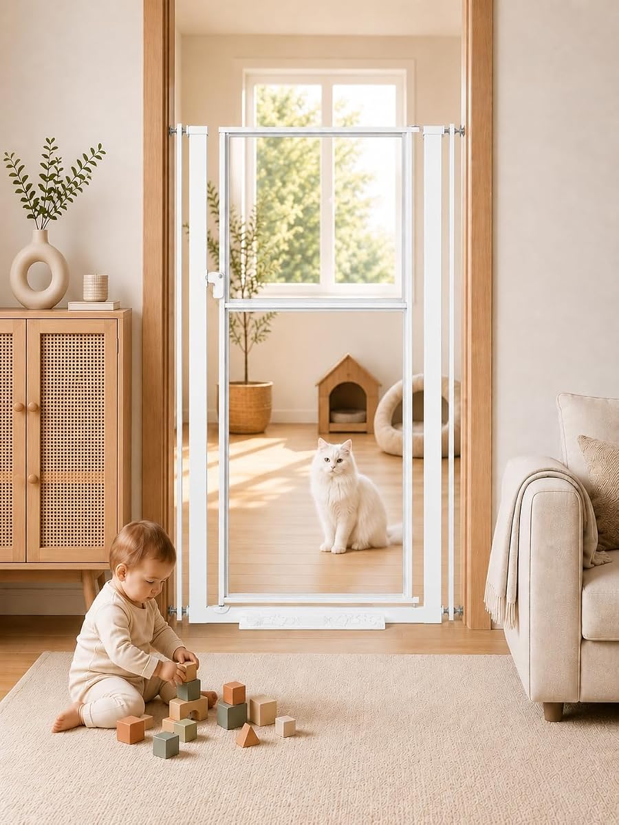 NiceTCU 56” Extra Tall Cat Gate for Doorway, 29.5-33.46" Wide Clear Gate | No Drilling Tall Pet Gate Indoor, Metal Frame Transparent Acrylic Door Barrier, Baby Safety Gate for Hallway Stairs, White