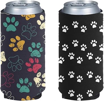 Forchrinse Dog Paw Print Can Cooler Sleeves,Soft Insulated Drink Caddies Bottle Insulator Sleeve Slim Can Sleeve 2 Pack