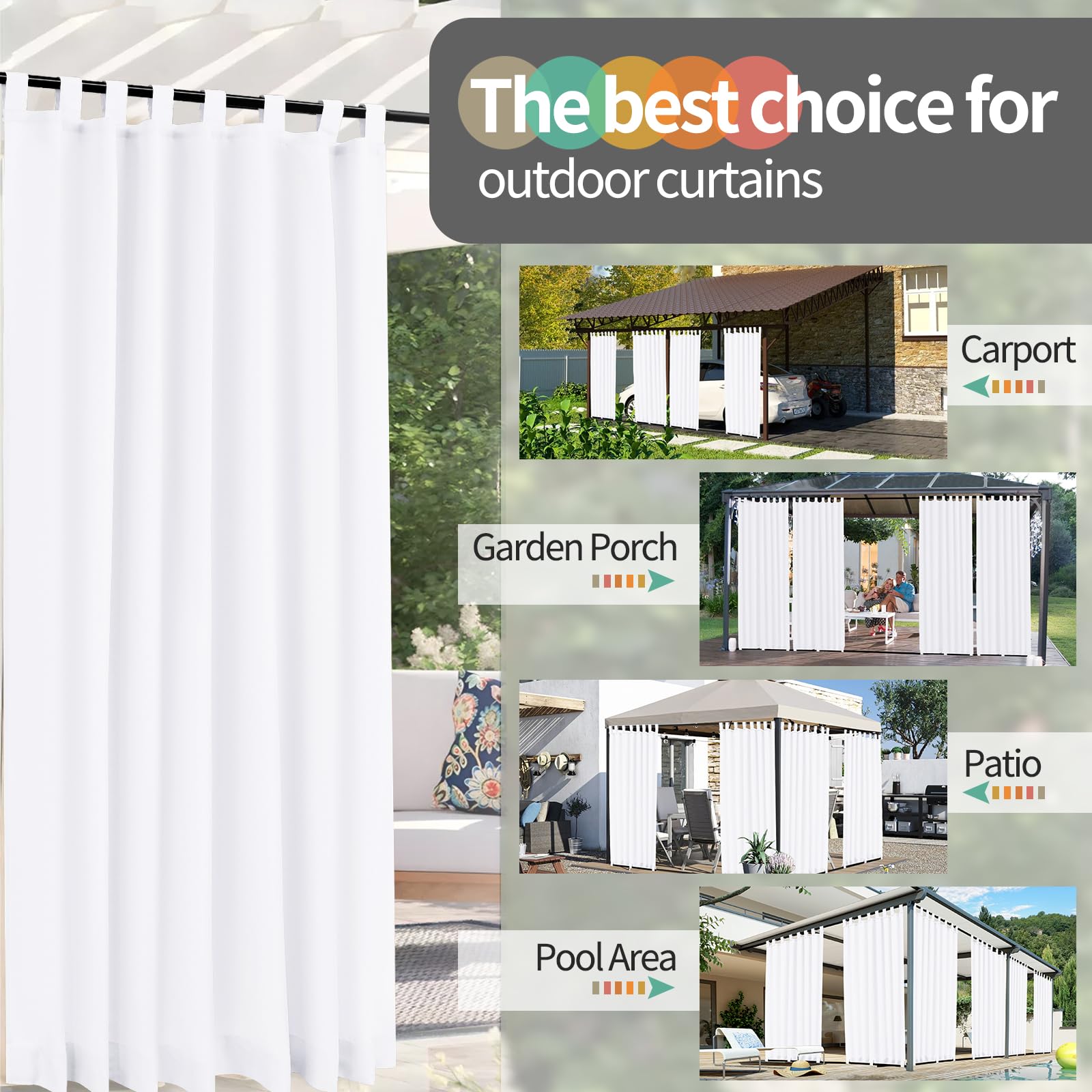Teruntrue Rideau d'extérieur 2 pièces résistant aux intempéries avec Sangles à Scratch, Voilage Balcon terrasse, Protection Solaire et intimité, Passants en Bas, H220 x L155 cm, Blanc