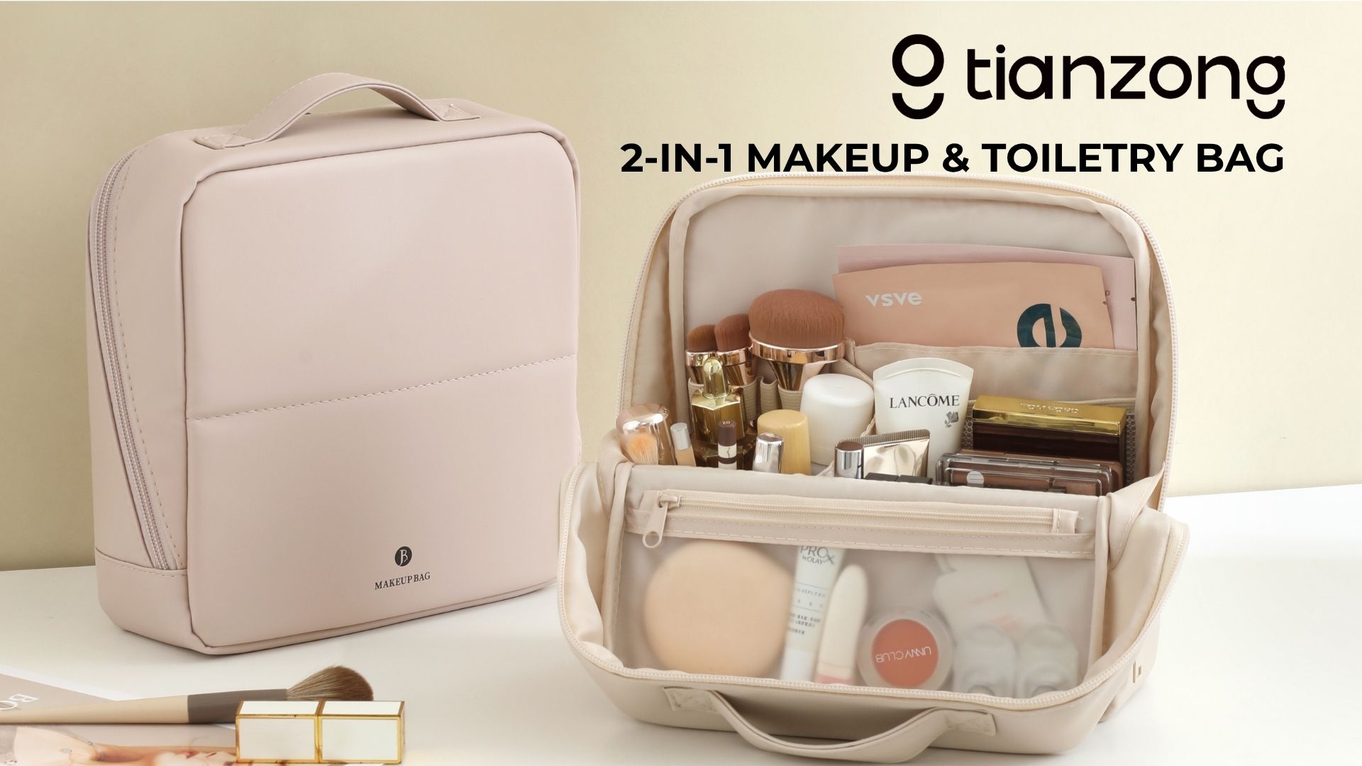 tianzong Travel Makeup Bag with Magnetic Fold-Down Flap, Waterproof Leather Cosmetic and Toiletry Organizer for Women, Multi-Zone Standing Storage, Dusty Rose, Large : Beauty & Personal Care
