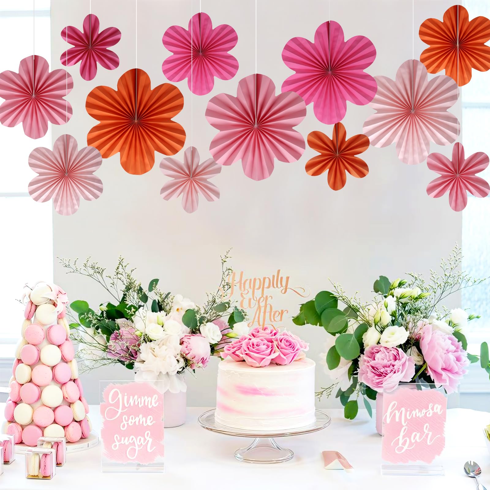 BestoFun 12 PCS Paper Flowers Fans Pink and Orange Party Decorations Paper Flowers Decorations for Wall Girl Groovy Birthday Baby Shower Wedding Bachelorette Room Hanging Dcor - Image 2