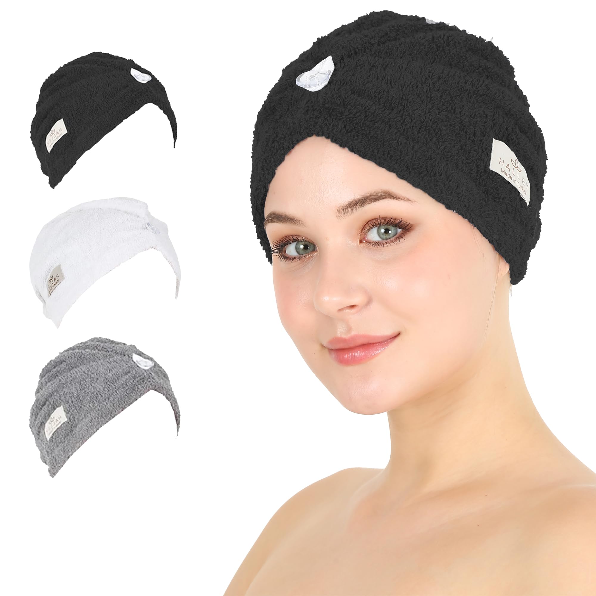 HALLEY Cotton Hair Towel Wrap (3 Packs) Super Absorbent Fast Drying Turbans for Thick, Wet Hair with Button (Black, White, Grey)