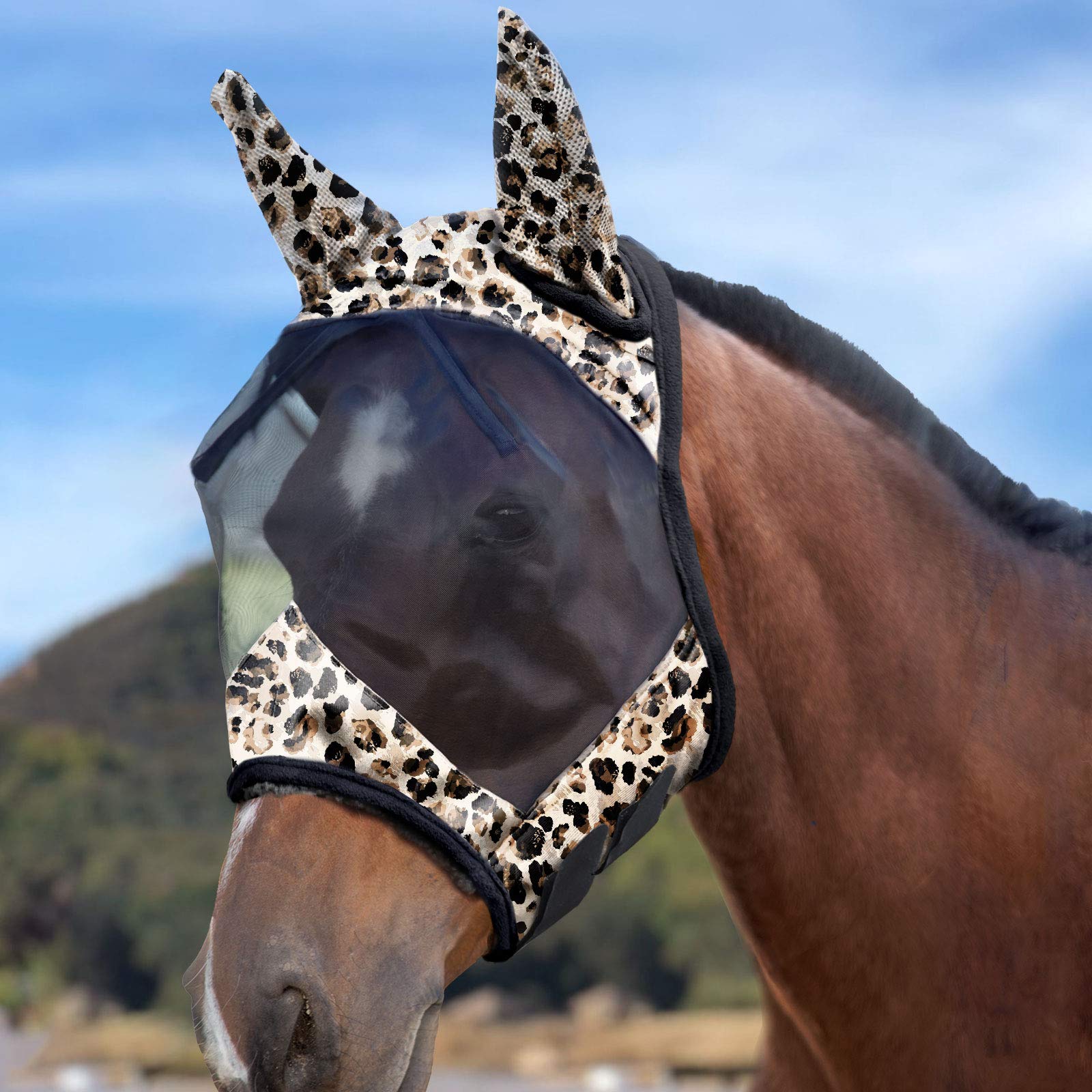 Harrison Howard LumiVista Horse Fly Mask Standard with Ears UV Protection for Horse-Leopard Print(M; Cob) - Image 3