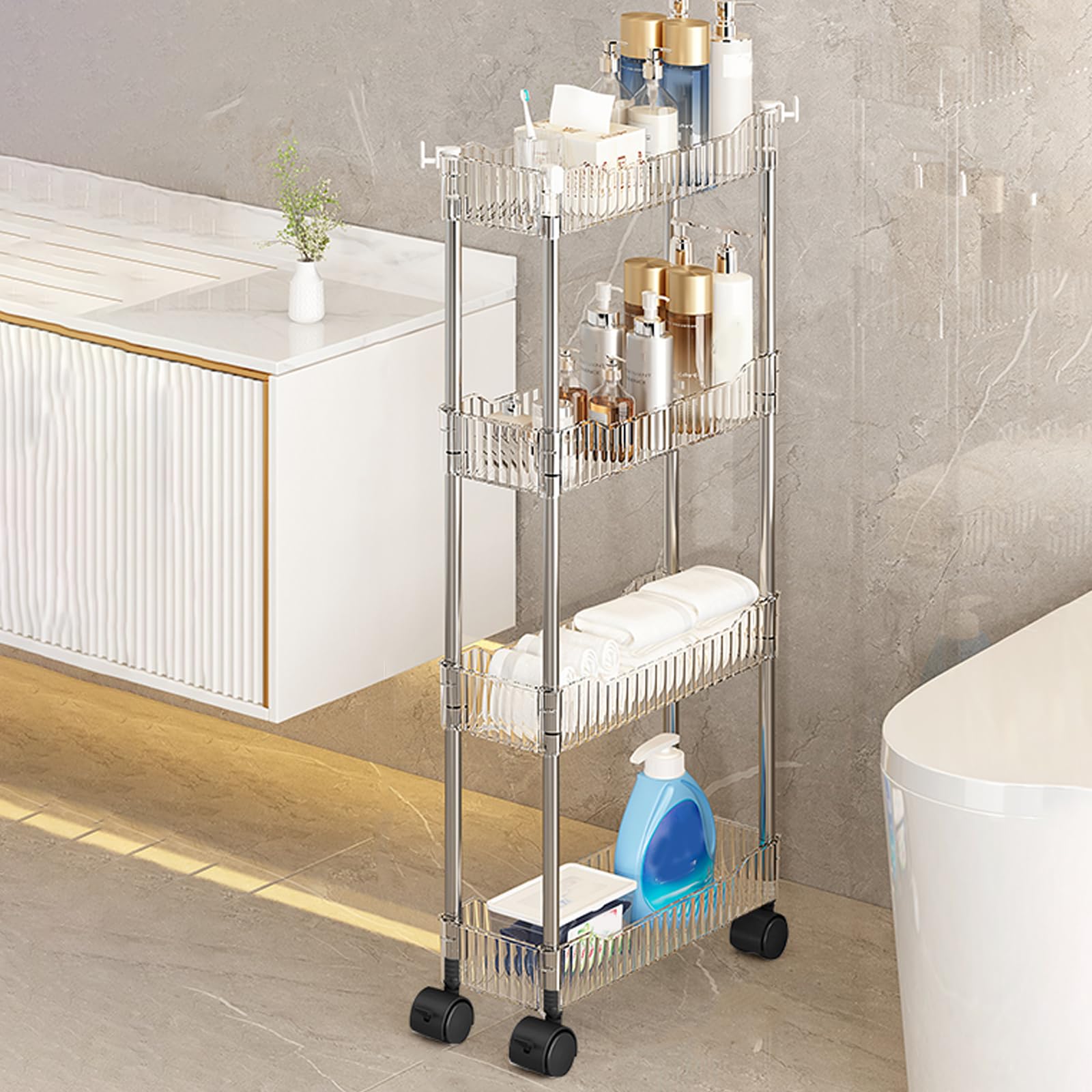 Chariot à roulettes en acrylique transparent à 3 niveaux avec poignée et roulettes, solution de rangement élégante et fonctionnelle pour cuisine, salle à manger ou salon