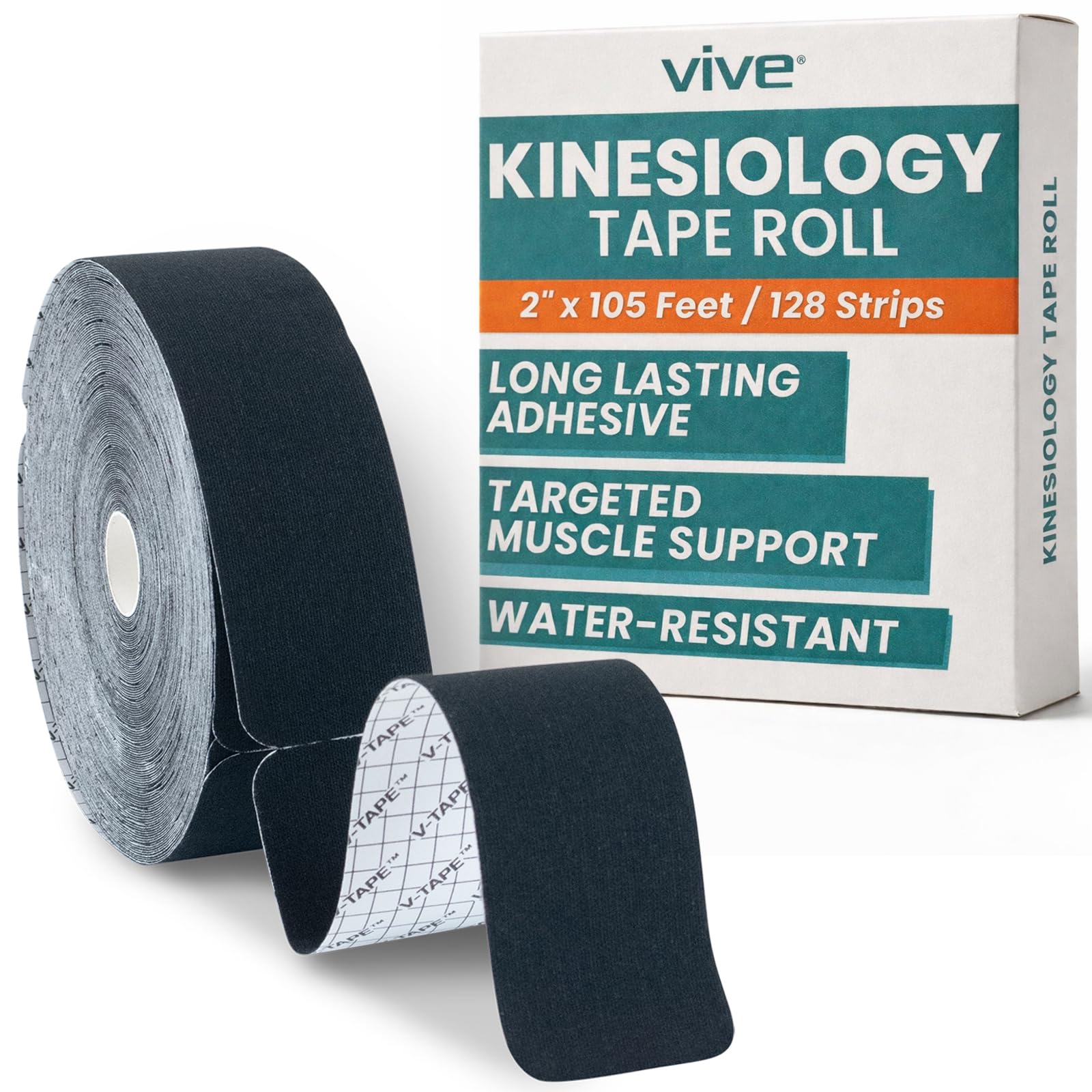 Vive Kinesiology Tape Roll - Tape Precut Strips (2" x 105 Feet/128 Strips) - Kinesio Sports Tape Athletic - Knee, Shoulder, Ankle, Muscle K Tape
