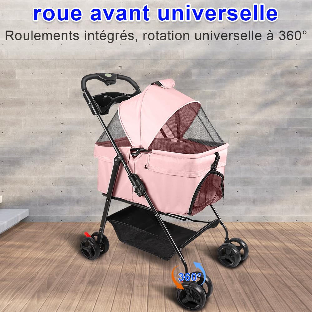 Homewell Passeggino per gatti e cani pieghevole, cestino rimovibile, passeggino per animali domestici, carrello per gatti portatile, con cestino ventilato, spazio di archiviazione e portabicchieri