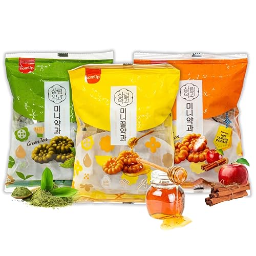 Galletas tradicionales coreanas dulces de yak gwa de miel, 3 sabores variados, original, manzana canela, y matcha (7 onzas, paquete de 3)