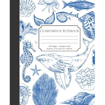 Blue Vintage Ocean Themed Composition Notebook 9.25in x 7.5in College Ruled 110 Page Notebook
