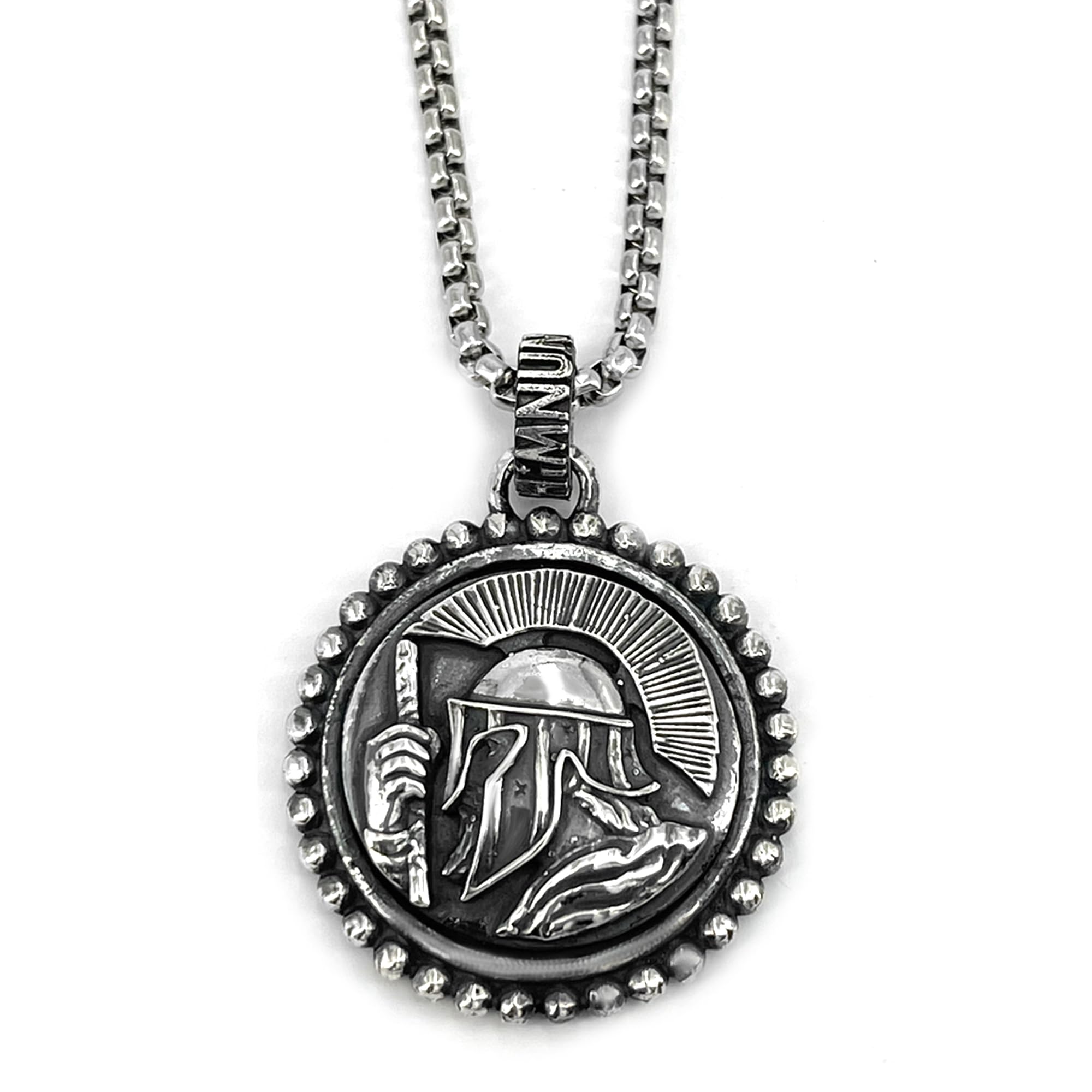 HIMNUM Medalla Guerrero Espartano - Collar Medalla Colgante Plata de 1ª Ley 925 y Cadena de Acero. Diseño Exclusivo. Regalo Único.