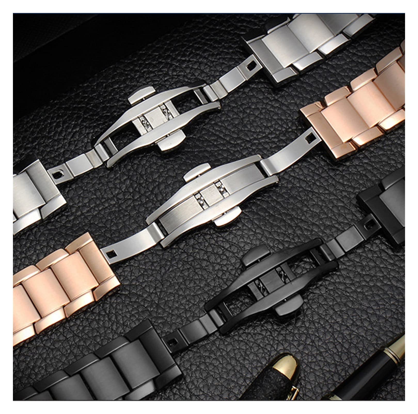 Strape Montre Metal Strap en Acier Inoxydable, Smart Butterfly Boucle grostée Argent Noir Rose Or 22 mm