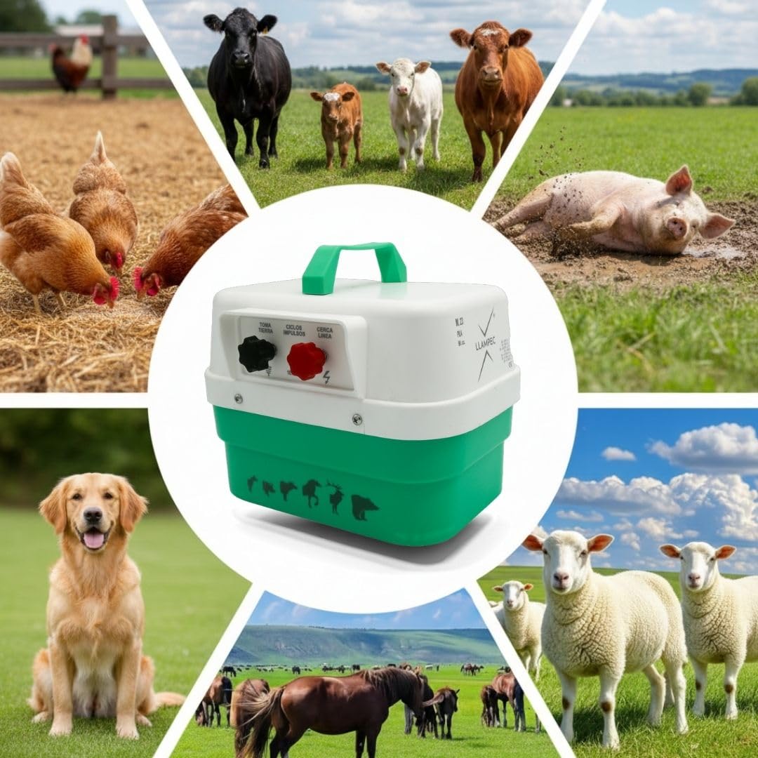 Pastor eléctrico Llampec Mod.23 a pila 9V – 0,76 J, 9.500 V y 9 km de alcance – Especial para perros, caballos y ganado vacuno – Autonomía de 75 días con batería 9V 75Ah no incluida