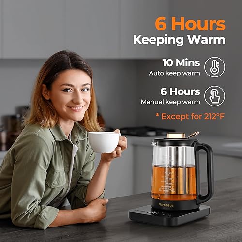 Miniatura 4 de Narcissus Hervidor Eléctrico con Control de Temperatura ±5℉, Hervidor de Té Eléctrico de Vidrio de 1.8L con Infusor Extraíble para Flores y Té de