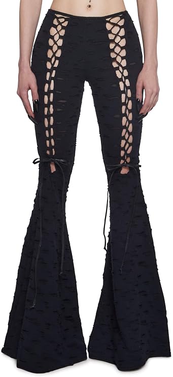 Dolls Kill Beyond The Woods Flare Pants by Widow Gothic Lace-Up Flared Pants with Shredded Hole Design