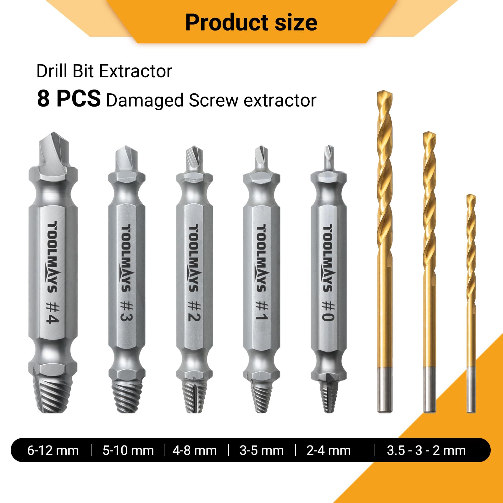 Toolmays 8pcs Damaged Screw Extractor Set, HSS Screw Removal Tool With 3 Twist Drill Bit - Image 2
