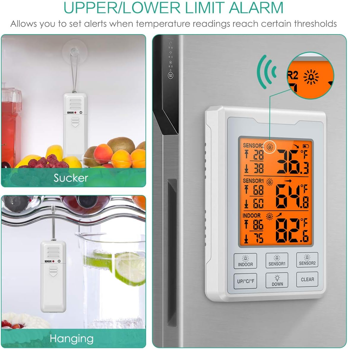 ORIA Wireless Refrigerator Thermometer remote sensor suction cup and hanging options