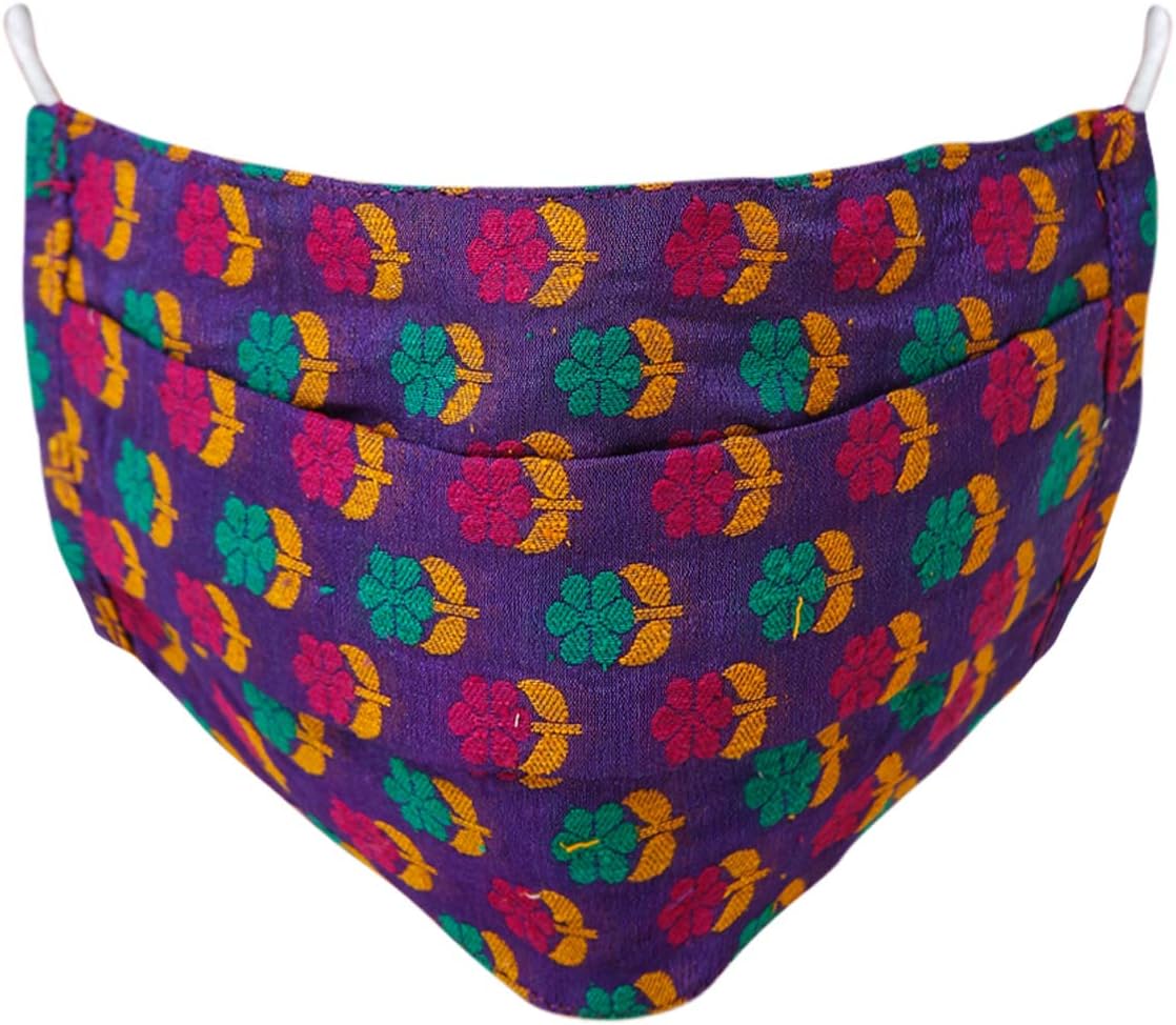 Exotic India Dazzling-Blue Katan Fabric Two Ply Fashion Mask from Banaras with Woven Flowers