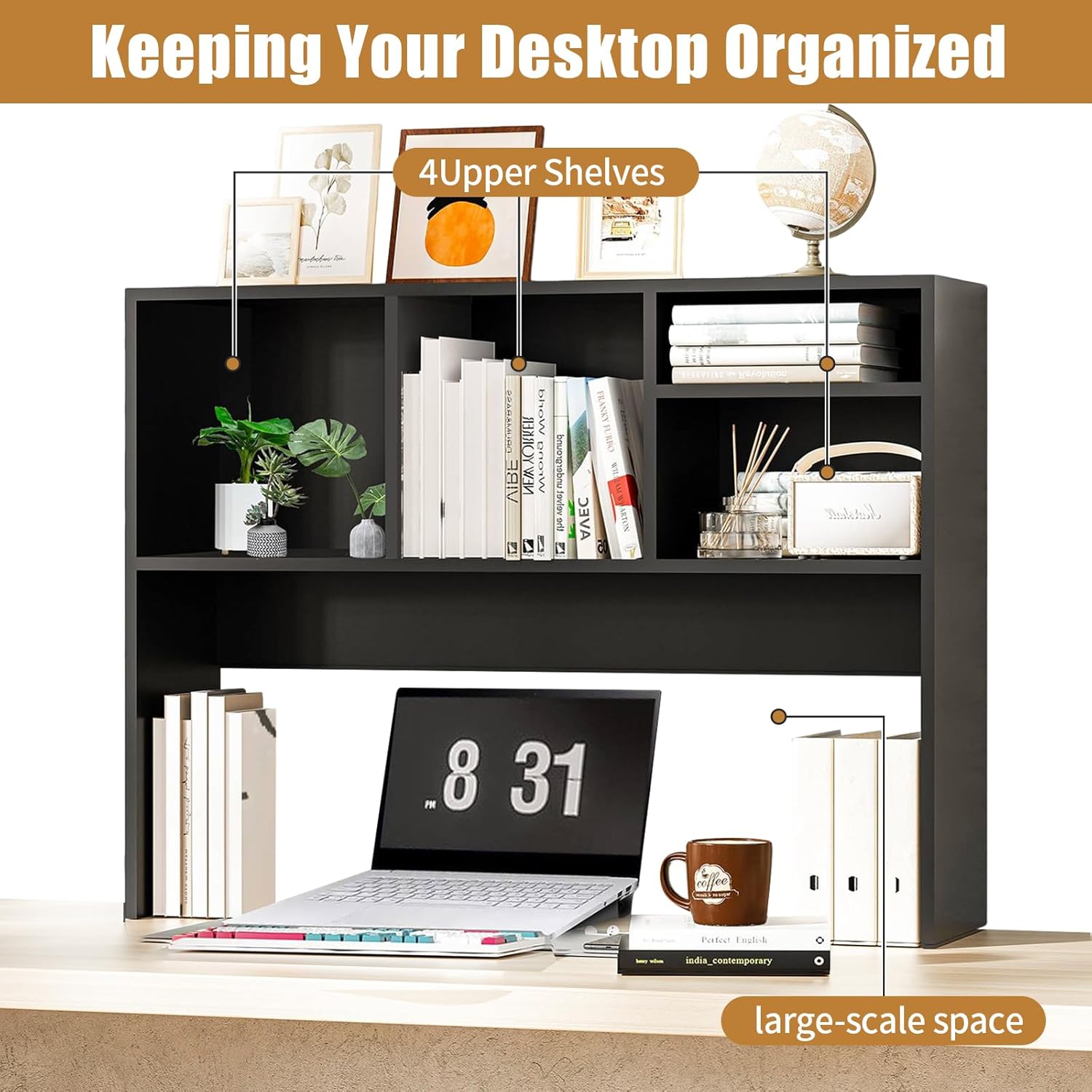 AQQHSAIN Desktop Bookshelf Wooden Desktop Hutch Storage Organizer Multipurpose Tabletop Display Rack with 4 Shelves for Computer Desk Hutch for College Dorm Office Home (Black)