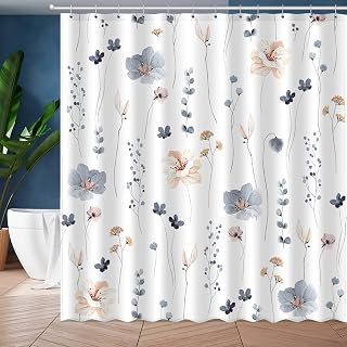 Watercolor Floral Shower Curtain, Beige & Gray Flower Botanical Leaves Bathroom Decor, Modern Minimalist Waterproof Fabric Bath Curtain Set with 12 Hooks 72x72 Inches