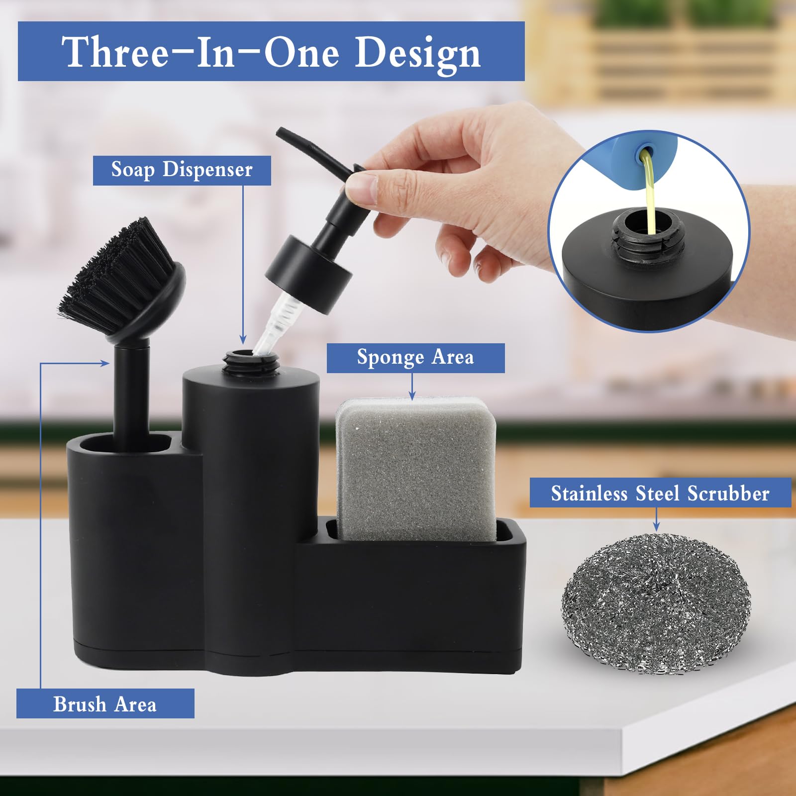 Dadabig Porta Spugne con Dosatore, Porta Spugne Lavello con Spazzola Spugna e Sfera d'Acciaio, Portaspugne per Lavello Cucina Organizer per Lavello 200ml, Nero
